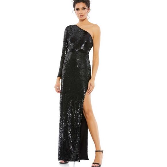 Mac Duggal Sequined Black One Shoulder Dress Gown, Size 6 - Picture 1 of 13